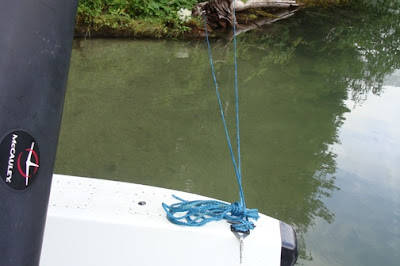 The front mooring lines are made of a good marine 5/16 or 3/8 poly line. Mine are about 120 feet long. I like them long so I can go to shore and back, makes it easier to leave. I also carry a 30' piece of 7/16 high quality marine nylon rope, gets used for all kinds of mooring situations and flipping the plane around.