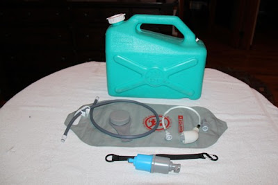 We carry a 3 gallon water can and a Sawyer water filter which works of gravity. This filter produces a gallon in 5 minutes with no pumping; fill the gray bag and stick the hose in the tank. I just bought this so it is not tested. Instead of leaving with 3 gallons I am now going to leave with 1 gallon and make the rest. System weighs 1 pound 2 gallons of water I use to carry weighs 15 pounds.