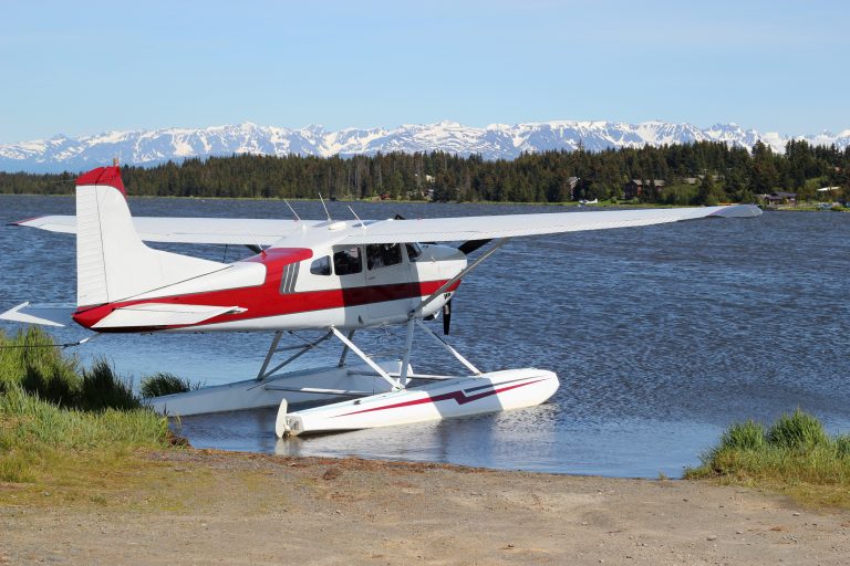 Floatplane ready to take off on Beluga Lake in Homer Alaska on a bright summer day