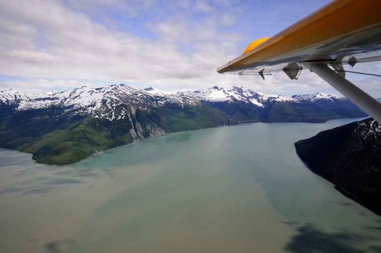 "Aerial view of the Coastal Mountains and the Taku inlet near Juneau, Alaska."
