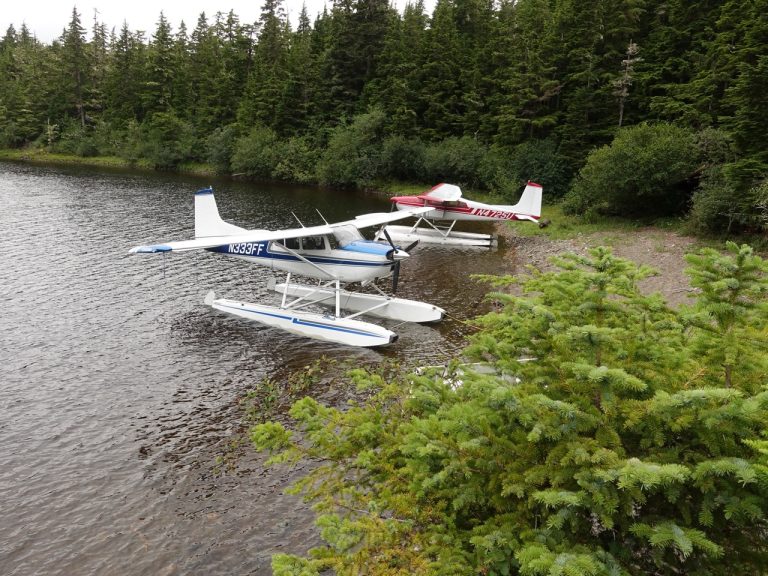 Two Cessna 180s Beached in Front of Cabin