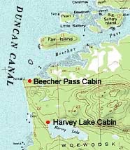 Map shows Harvey Lake Cabin at west end of Harvey Lake on northwest Woewodski Island near Duncan Canal Large
